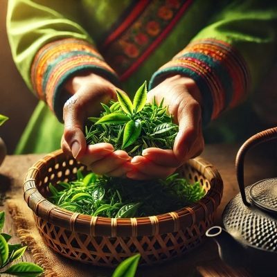 Bàn tay nâng niu búp trà tươi