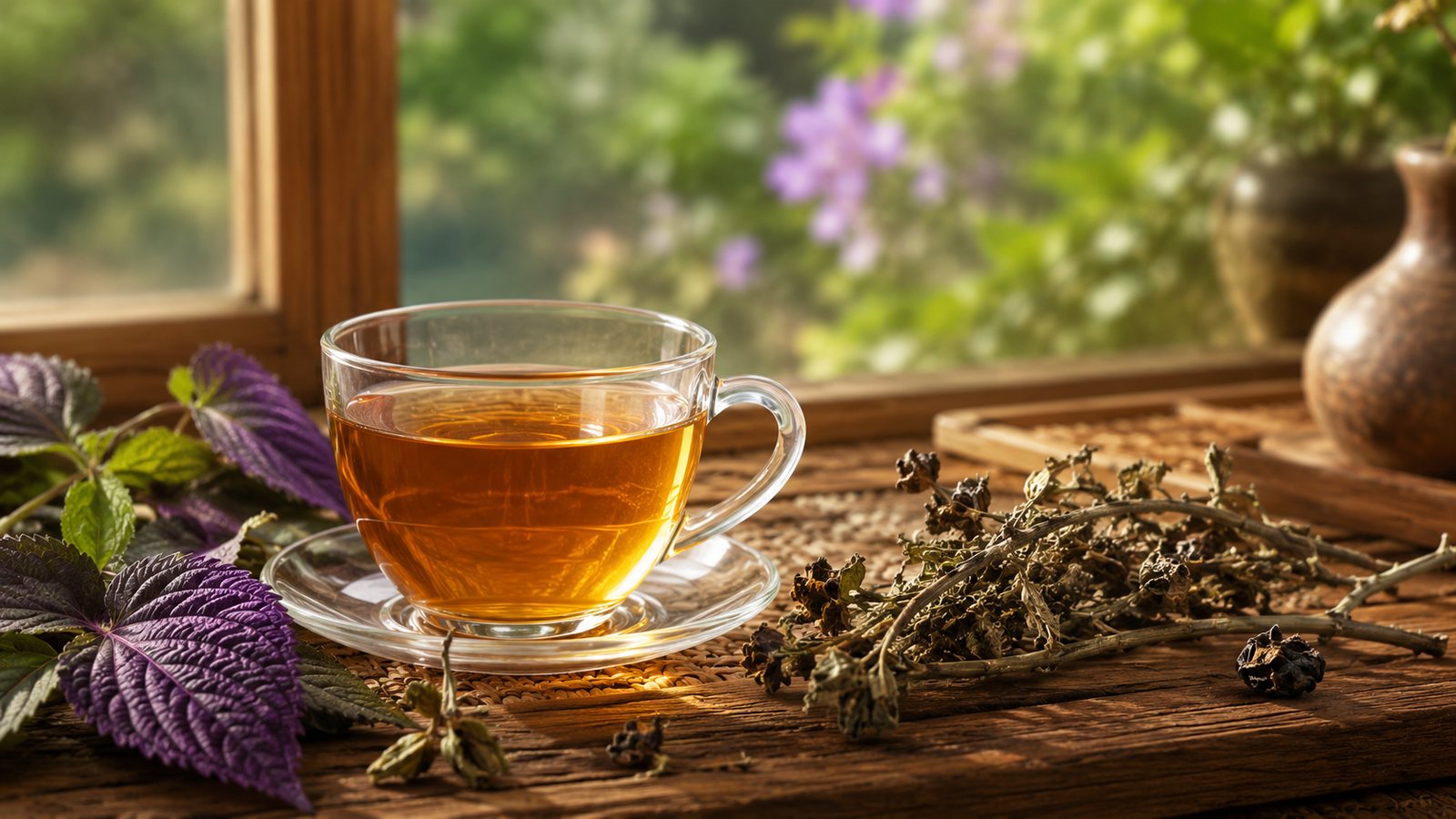 Tách trà Cà Gai Leo & Tía Tô bên cửa sổ, cạnh lá tía tô tươi và cà gai leo khô