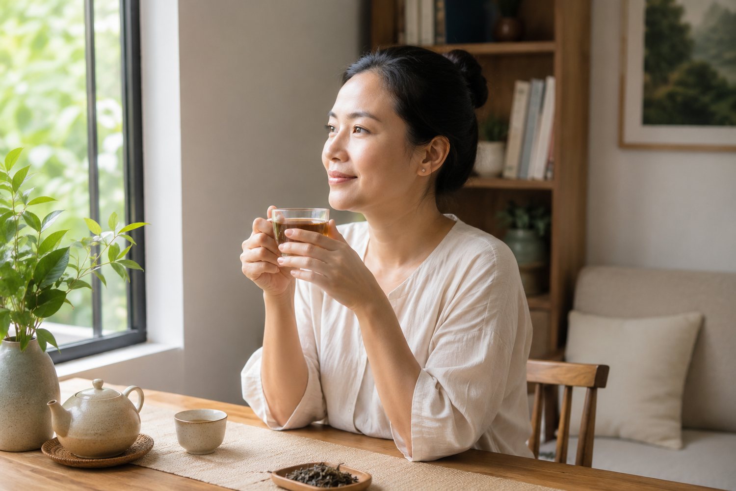 Người phụ nữ cầm tách trà bên cửa sổ trong nhà