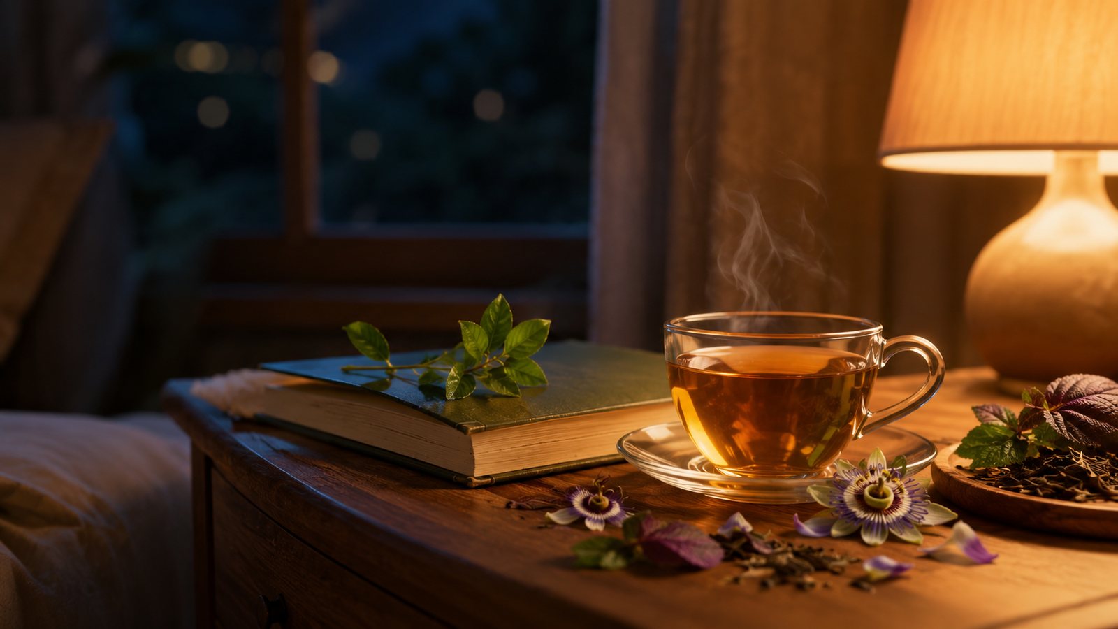 Tách trà Tam Nguyên Dưỡng Tâm bên đèn ngủ, cạnh quyển sách và hoa lạc tiên